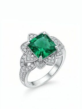 Princess Cut Floral Halo Ring - Emerald Green, Liz Halston 925 Sterling Silver